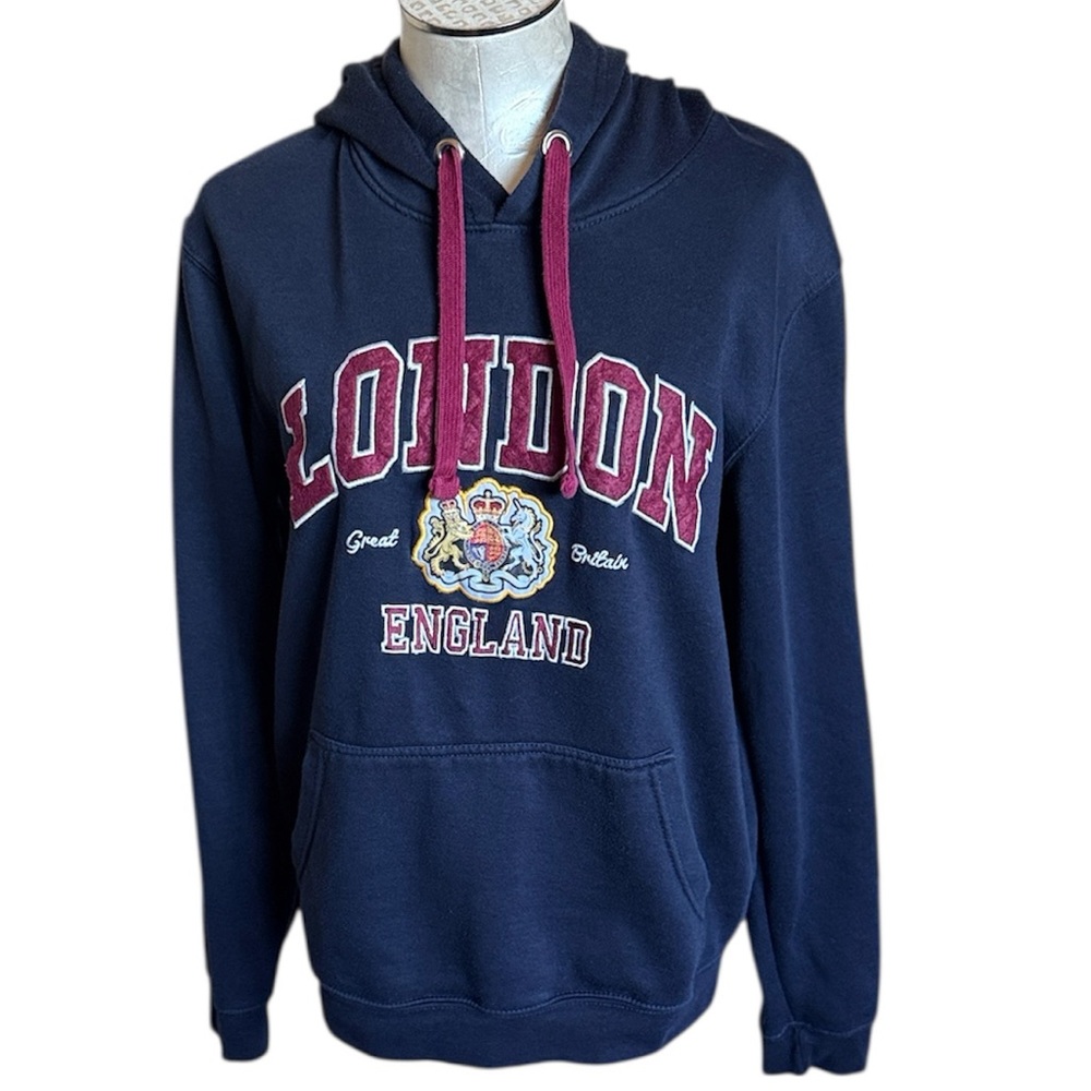 London England Souvenir Graphic Hoodie Sweatshirt Navy Blue Crest Size L